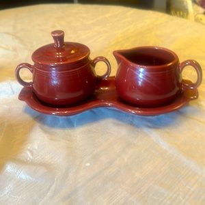 Vintage Cinnabar Fiesta ware Cream & Sugar with serving plate